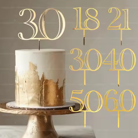 New 18th 21th 30th 40th 50th 60th Cake Topper Golden Acrylic Cake Topper for Birthday Party Cake Dec