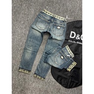 Dk boutique men's jeans, plain blue, patterned waistband and hem, very beautiful, thick, soft, sligh