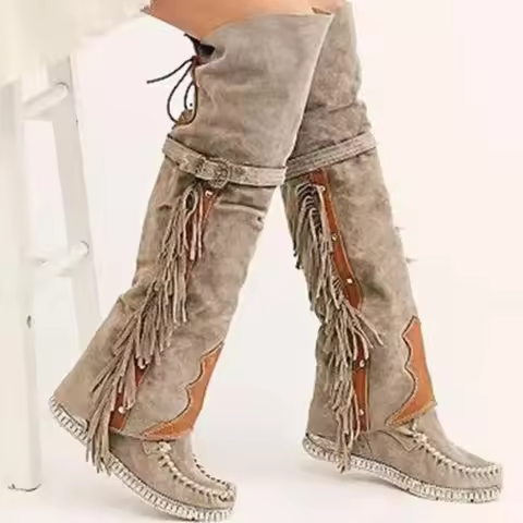 Fashion Bohemia Knee-length Women Boots Ethnic Personality High Boots Tassels Faux Suede Boots Girl 