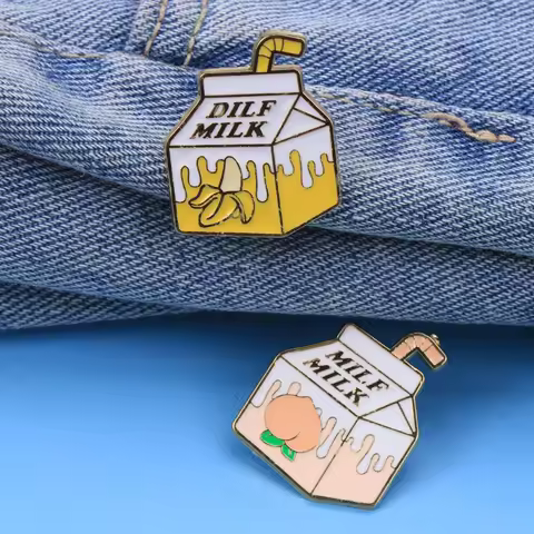 Funny Peach & Banana Milk Carton Enamel Pin Set, Humorous "MILF DILF Milk" Slogan Brooches, Adult Hu