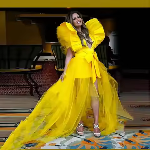Charming Yellow Tulle Dresses Flare Lush Prom Gowns Ruched Sheer Transparent Long Party Dress Detacb