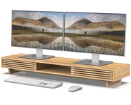 Dual Monitor Stand Riser, 38 Inch Premium Bamboo Desk Shelf Organizer with Sliding Door (Natural)