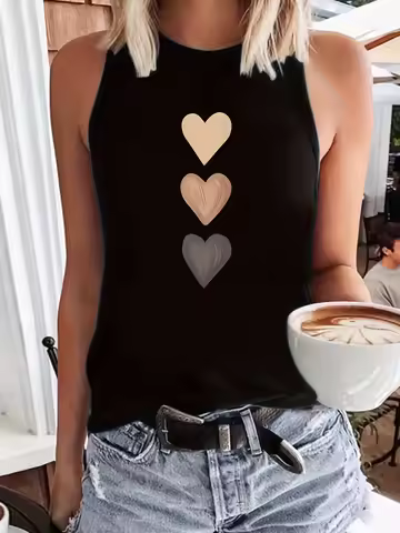 Women's Round Neck Tank Tops Heart Gradient Art Print Sleeveless Vest T Shirt Fahion Graphic Tshirt 