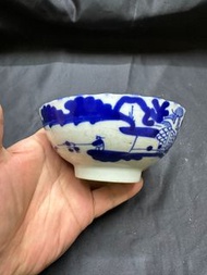 清代晚期青花山水人物碗古瓷器，完整包老，口沿小磕如圖。口徑12厘米，退