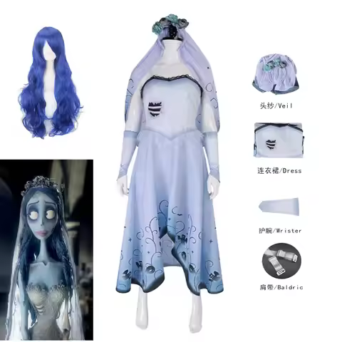 Corpse Masquerade Bride Emily Cosplay Fancy Dress Costume Halloween Veil Zombie Ghost Gothic Printed