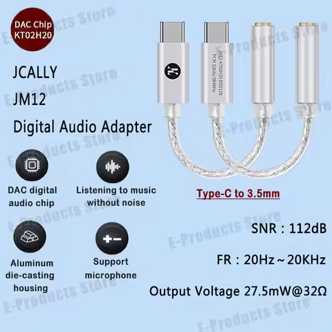 JCALLY JM12 Digital Audio Adapter Hi-Fi Audio Decoder Type-C to 3.5mm DAC Chip KT02H20 Earphone Ampl
