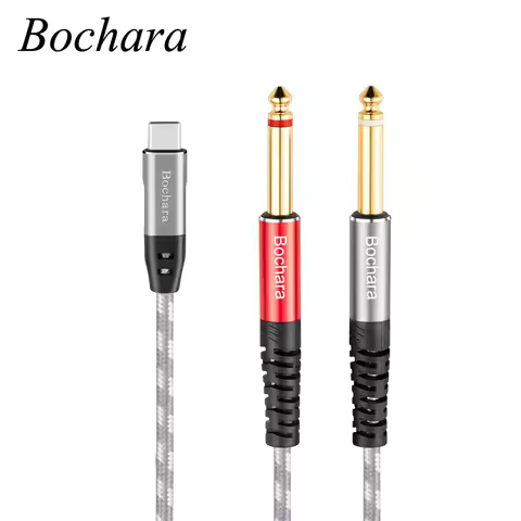 Bochara Braided Type C to Dual TS 6.35mm Jack OFC Audio Output Cable Built-in DAC IC Chipset 24bit@4