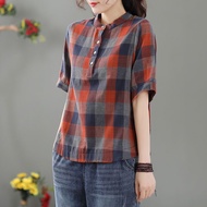 เสื้อฝ้ายลินินลายสก๊อตย้อนยุคของผู้หญิง