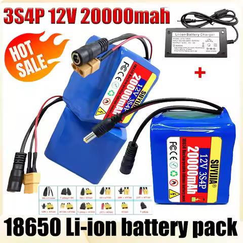 12V 20Ah 3s4p Battery Pack 18650 Lithium Ion 12V 20000mAh DC12.6V Super Large Capacity Rechargeable 