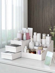 1個白色抽屜化妝品儲存盒,帶隔板的化妝品整理盒放在梳妝台上,寢室收納架
