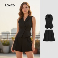 Lovito Chic Shorts Sets with Button Detail Spring/Summer Black Top & Shorts Ensemble for Women L137E