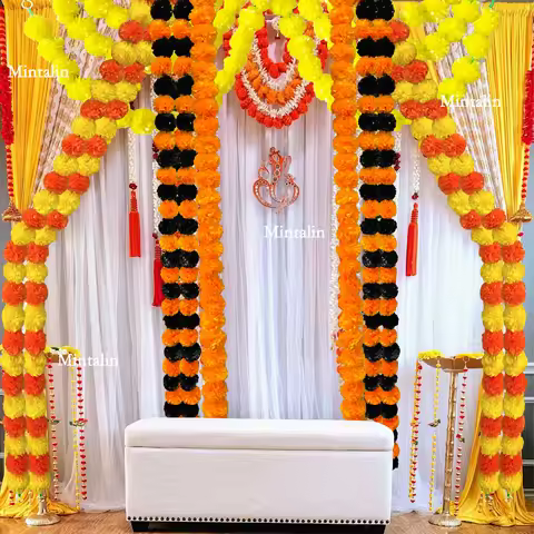 2 Pcs Marigold Flower Garland with бо Flowers for Diwali Mexican Dia de los Muertos DIY Wreath Day o
