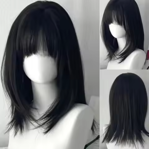 COS wig 40CM with inward button closure, short hair at the temples, synthetic fiber wig