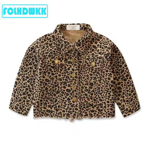 2025 Spring Autumn Fashion Infant Kids Baby Girls Denim Jacket Outfits Leopard Print Long Sleeve Coa