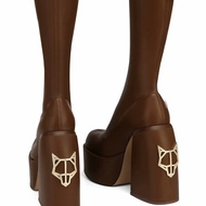 Metal Fox Buckle Elastic Thin Boots Waterproof Platform Square Toe Mid-Tube Women Fashion Boots