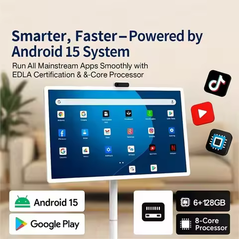 32 Inch Android 15 6G+128G Smart Screen, Floor Stand TV with Remote Controller, 2K Camera Video Call