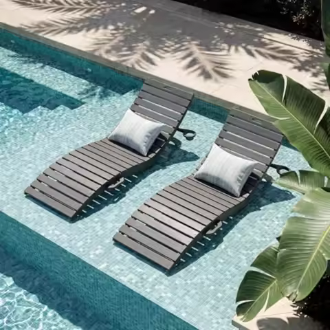 Outdoor HDPE pool lounge chairs set of 2, foldable chaise lounge chairs in gray, weather-resistant m
