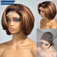LOVESTREET 4/27 Highlight 4x4 Body Wave Glueless Closure 100%Human Hair Frontal Wigs Ombre Brown Mix