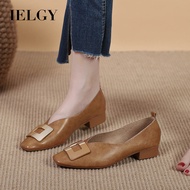 IELGY New brown varsity square-buckle flats for women