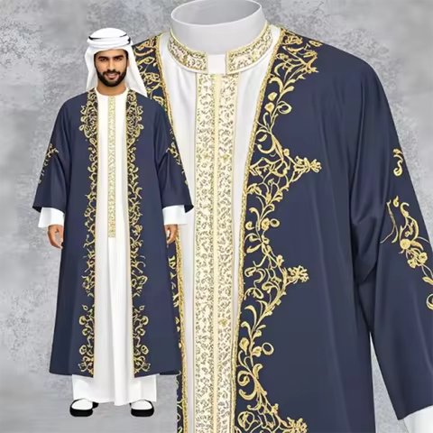 Abaowedding Men's Kaftan,Muslim arab THobe Caftan,Long Sleeve Embroidered Casual Formal Dubai Thobe