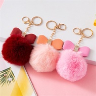 【777】Cute Fluffy Plush Keychain Leopard Pu Bow Keyring for Women Car Key Holder Bag Ornaments