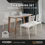 KitchenZ Simona Series 4 Seater Dining Set Melamine Table Top with 4 Dining Chairs Solid Board Leg -