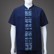 Cotton Clothing Blue Mohom (Bohem Pot) Chinese Collar With Buttons Short Sleeves Decorated With Prin