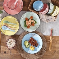 JH SHOP ชุดจานชามเซรามิค ญี่ปุ่นลายดอกซากุระ จานลายเซรามิคกระเบื้อง 1เซ็ต/6ชิ้น NO.Z5