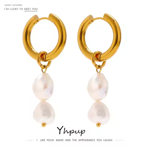 Yhpup Stainless Steel Natural Pearl Hoop Earrings Charm Metal Texture Geometric Fashion Jewelry укра