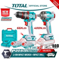 Total 2pcs Li-ion Impact Drill 66Nm + Impact Wrench 400Nm Combo Set TCKLI20286