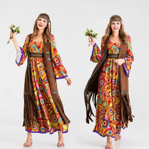 New Halloween Women's Hippie Cosplay Costume Adult 70'S Retro Disco Long Sleeve Printed Dress Vest P
