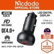 Mcdodo Mushrooms Series PD 45W Type-C+USB Ports Car Charger with Digital Display (PD3.0/FCP/SCP/AFC/