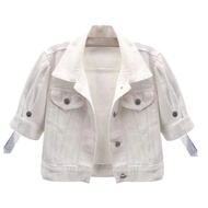 Womens Cropped Denim Jacket Short Sleeve Jean Jacket Lapel Button Down Trucker Coat Summer Casual Wh