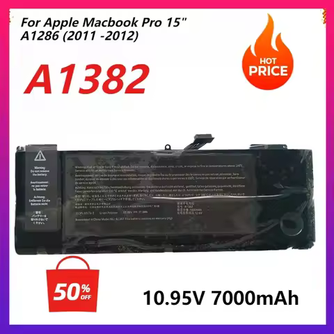 New A1382 Laptop Battery for Apple Macbook Pro 15" A1286 2011 2012 Series 10.95V 7000mAh