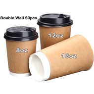 50pcs Double Wall Hot Cup with lid -- 8oz, 12oz & 16oz [Kraft] Hot cup/Paper Cup With LID For Hot Co
