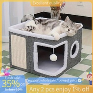 In stock-Foldable Indoor Multi-Level 4-Season Cat House-Cat Cave Design Scratching Board& Warm Non-S