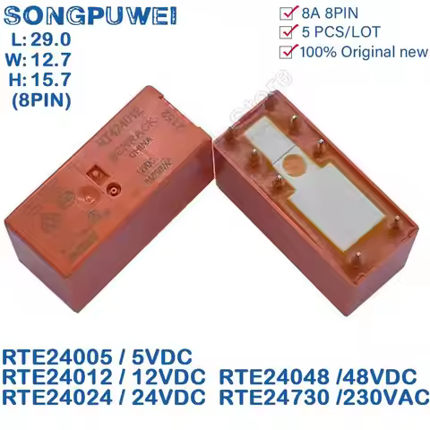 5Pcs/Lot Power Relay 5V 12V 24V 48VDC 230VAC RTE24 8PIN 8A 250VAC RTE24005 RTE24012 RTE24024 DPDT 2 