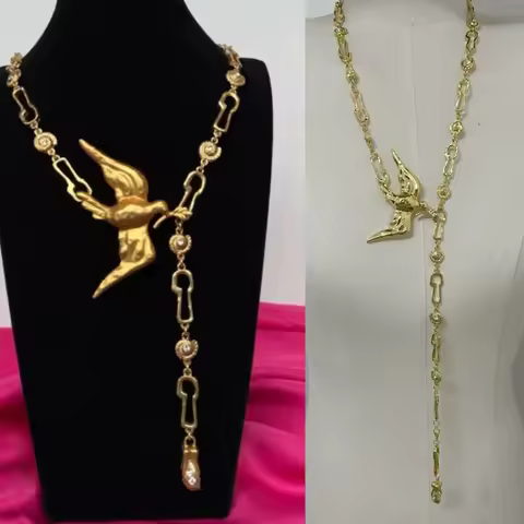 E06E Copper Plated Peace Symbol Sweater Chain With 3D Doves Charm Long Necklace Suitable For Office 