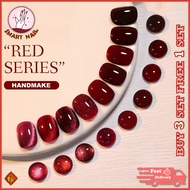 Set 10pcs Kuku Palsu Cat Eye Merah Buatan Tangan Panjang Magnetik Kuku Cantik Red Cateyes Fake Nail