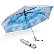 Open Umbrella Rain Folding (Lake 42 Umbrellas Wooden Handle, Blue) Auto Sun UV 50+ Close UPF Inch Tr