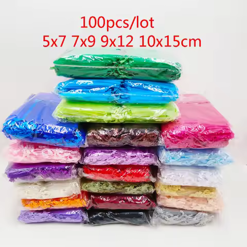 100pcs Organza Bag 5x7 7x9 9x12 10x15cm Jewelry Packaging Organza Bags Wedding Party Gift Bag Pouch 