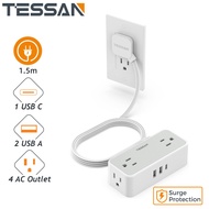 TESSAN อะแดปเตอร์เดินทางขนาดเล็กรางปลั๊กไฟพร้อมพอร์ต USB C ล่องเรือสำคัญ 1M Flat Plug สายต่อขยายสั้น