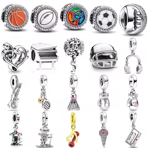 925 Sterling Silver Piano Guitar Badminton Basketball Charm Pendant For Original Bracelet Female Jew