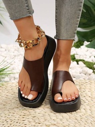 夏季女士新款啡色楔形厚底腳趾夾假期旅遊休閒日常沙灘拖鞋女外穿