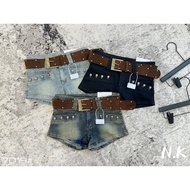 Stretch denimShorts with studded pockets and belt 7019