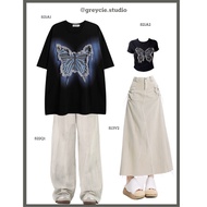 [Available] GREYCIE Couple Set black crop top t-shirt with 3D butterfly, wide leg jeans, A-line long