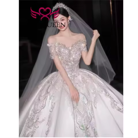 Customized Bright Sequin Lace Quality Satin Wedding Dress 2025 New Detachable Sleeves Ball Gown Brid