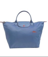 70週年限量Longchamp Le Pliage Club tote霧霾藍刺繡撞色限量中號短柄手提包托特購物袋水餃包摺疊尼龍包M
