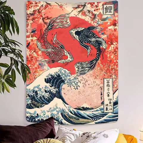 Mount Fuji Japanese Koi Carp Tapestry The Great Wave Wall Hanging Decor Cherry Blossom Boho Home Dec