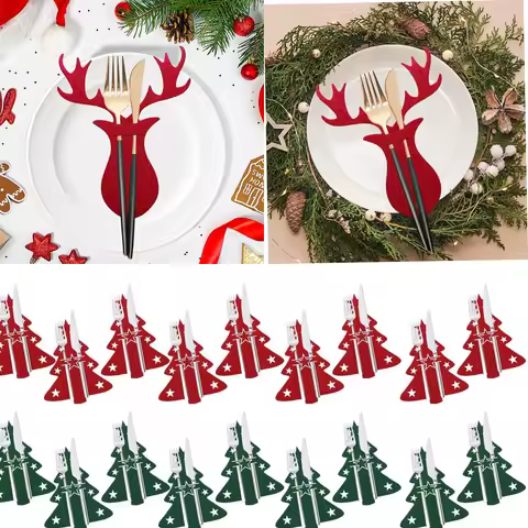 Christmas Table Setting Utensil Holder Knife Fork Pocket Cover Star Tree Elk Design New Year Party D